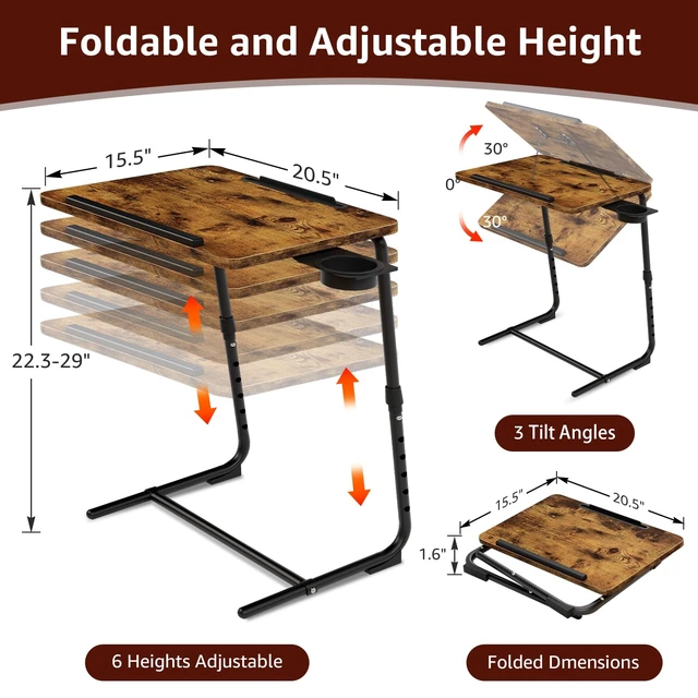 Alt view image 2 of 7 - TV Trays Set of 2 - Folding TV Tray Adjustable Dinner Trays for Eating On Couch Wooden Tables Mate Stand Foldable Rustic Desk with Cup Holder Portable