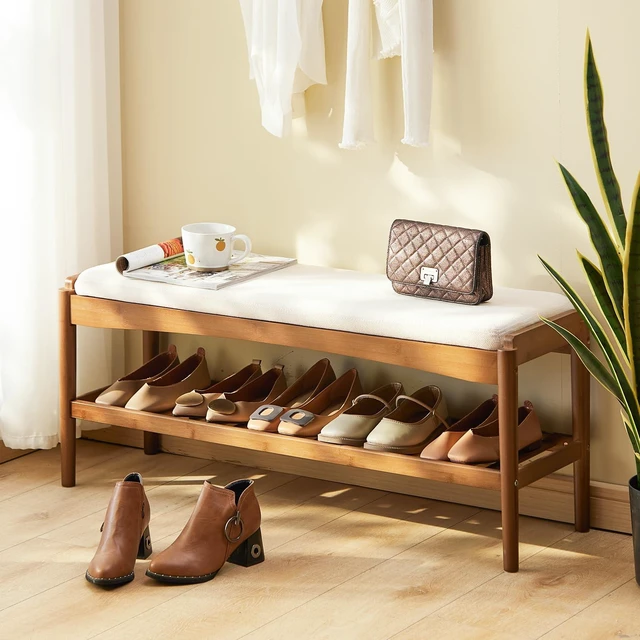 Main image of Shoe Bench Entryway Bamboo 2-Tier Shoe Rack with Cushion Padded Seat Shoe Bench Organizer Stable for Entry, Hallway, Living Room, Bedroom, Closet (39.4 * 11.4 * 16.5IN, Brown-Beige)