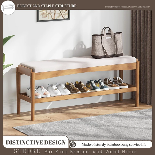 Alt view image 2 of 7 - Shoe Bench Entryway Bamboo 2-Tier Shoe Rack with Cushion Padded Seat Shoe Bench Organizer Stable for Entry, Hallway, Living Room, Bedroom, Closet (39.4 * 11.4 * 16.5IN, Brown-Beige)