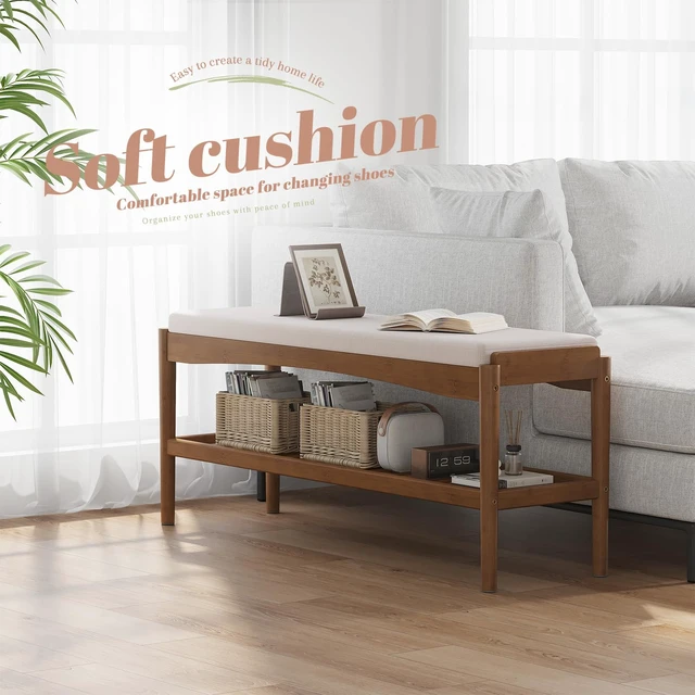 Alt view image 3 of 7 - Shoe Bench Entryway Bamboo 2-Tier Shoe Rack with Cushion Padded Seat Shoe Bench Organizer Stable for Entry, Hallway, Living Room, Bedroom, Closet (39.4 * 11.4 * 16.5IN, Brown-Beige)