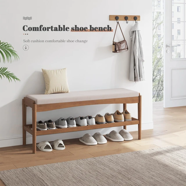 Alt view image 4 of 7 - Shoe Bench Entryway Bamboo 2-Tier Shoe Rack with Cushion Padded Seat Shoe Bench Organizer Stable for Entry, Hallway, Living Room, Bedroom, Closet (39.4 * 11.4 * 16.5IN, Brown-Beige)