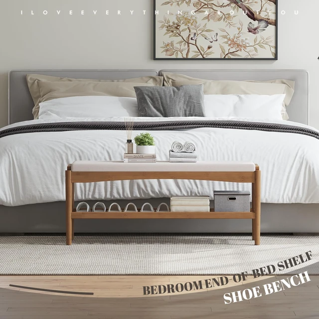 Alt view image 5 of 7 - Shoe Bench Entryway Bamboo 2-Tier Shoe Rack with Cushion Padded Seat Shoe Bench Organizer Stable for Entry, Hallway, Living Room, Bedroom, Closet (39.4 * 11.4 * 16.5IN, Brown-Beige)