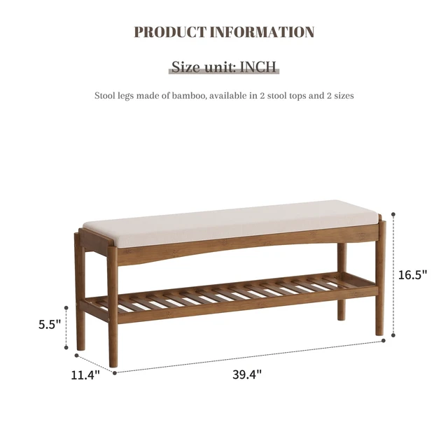 Alt view image 7 of 7 - Shoe Bench Entryway Bamboo 2-Tier Shoe Rack with Cushion Padded Seat Shoe Bench Organizer Stable for Entry, Hallway, Living Room, Bedroom, Closet (39.4 * 11.4 * 16.5IN, Brown-Beige)