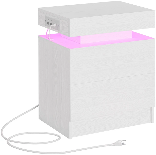 Main image of Nightstand with Charging Station LED Light and 2 Drawers White | bedside table,end table,white wood grain,small spaces,for bedroom,livingroom