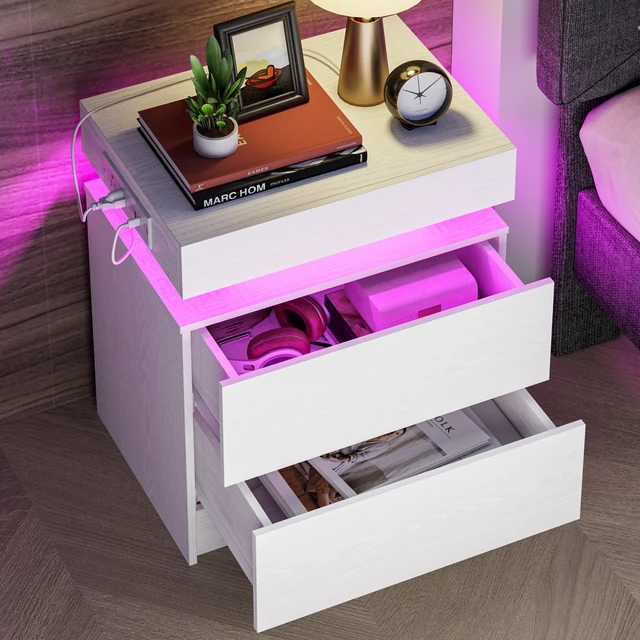 Alt view image 2 of 7 - Nightstand with Charging Station LED Light and 2 Drawers White | bedside table,end table,white wood grain,small spaces,for bedroom,livingroom
