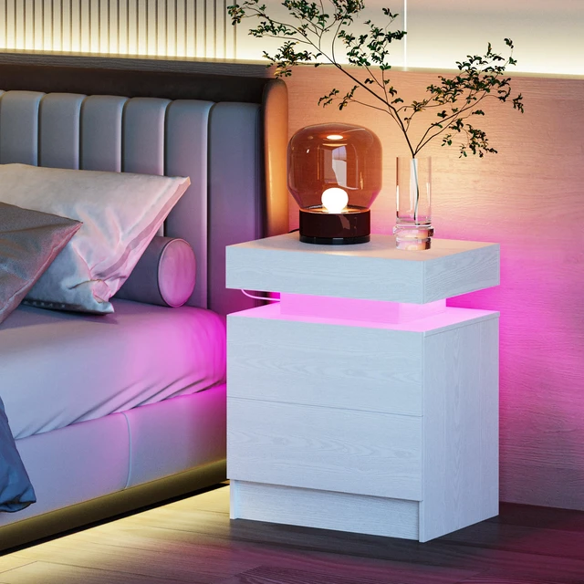 Alt view image 3 of 7 - Nightstand with Charging Station LED Light and 2 Drawers White | bedside table,end table,white wood grain,small spaces,for bedroom,livingroom