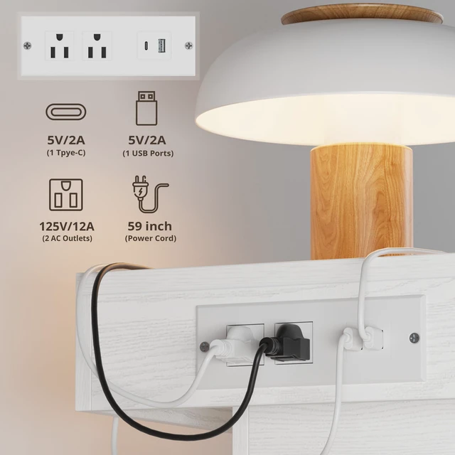 Alt view image 4 of 7 - Nightstand with Charging Station LED Light and 2 Drawers White | bedside table,end table,white wood grain,small spaces,for bedroom,livingroom