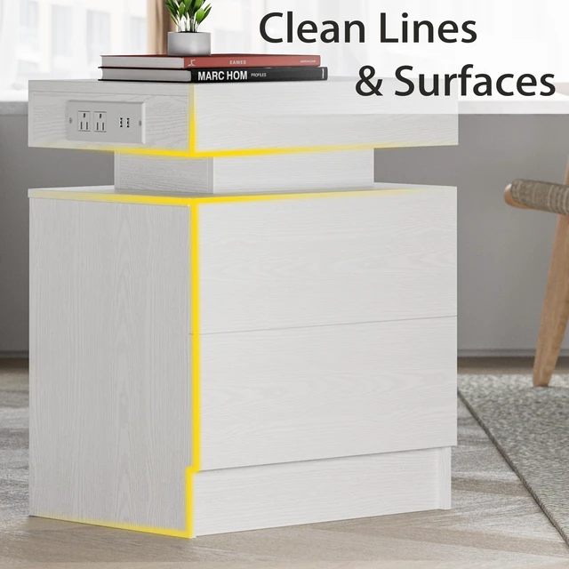Alt view image 6 of 7 - Nightstand with Charging Station LED Light and 2 Drawers White | bedside table,end table,white wood grain,small spaces,for bedroom,livingroom