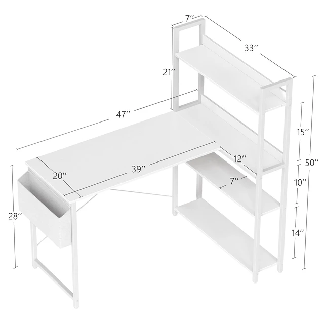 Alt view image 6 of 6 - 47 Inch Computer Desk with Bookshelf, Corner Desk with Storage, L Shaped Desk, Home Office Desks, Writing Study Desk for Bedroom, White
