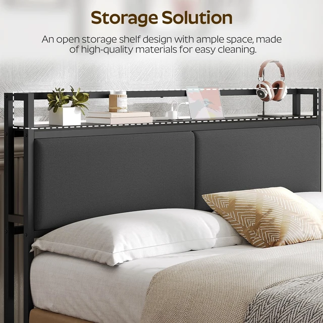 Alt view image 2 of 7 - Queen Headboard Only with Storage, Upholstered Head Board with Charging Station, Height Adjustable, Sturdy and Stable, Vintage Style, Black