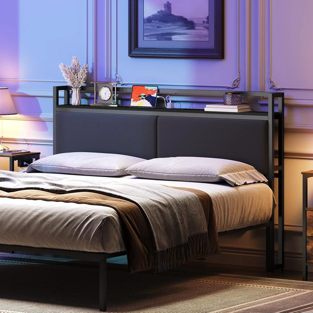 Alt view image 5 of 7 - Queen Headboard Only with Storage, Upholstered Head Board with Charging Station, Height Adjustable, Sturdy and Stable, Vintage Style, Black