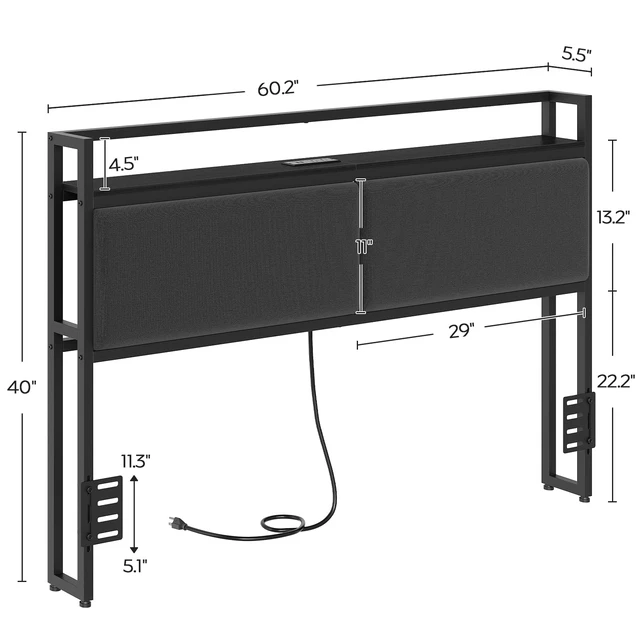 Alt view image 7 of 7 - Queen Headboard Only with Storage, Upholstered Head Board with Charging Station, Height Adjustable, Sturdy and Stable, Vintage Style, Black