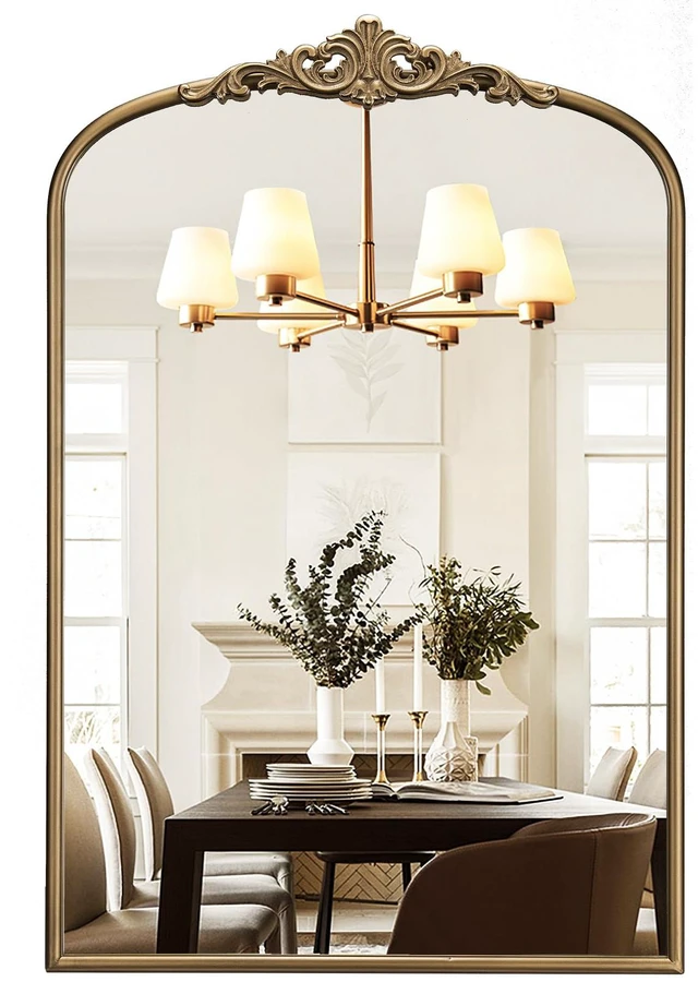 Main image of Vintage Gold Mirror, 24"x36" Antique Gold Bathroom Arched Mirrors | Wall Ornate Arch Brass Baroque Mirror Over Sink, Bedroom, Fireplace, Entryway, Living Room, Vantiy, Hanging or Leaning