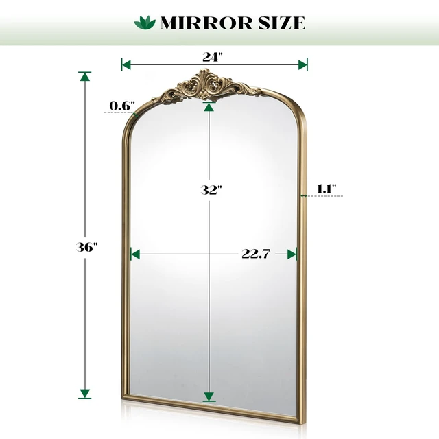 Alt view image 6 of 7 - Vintage Gold Mirror, 24"x36" Antique Gold Bathroom Arched Mirrors | Wall Ornate Arch Brass Baroque Mirror Over Sink, Bedroom, Fireplace, Entryway, Living Room, Vantiy, Hanging or Leaning