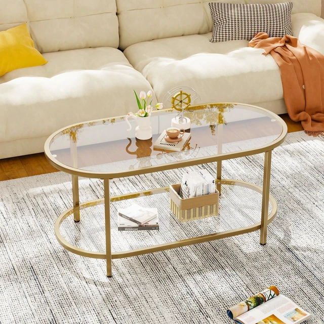 Main image of Coffee Table Gold Oval Glass Table for Living Room,2 Tiers Oval Center Table with Sturdy Metal Frame, Modern Tempered Glass Tables for Bedroom Living Room Home Office