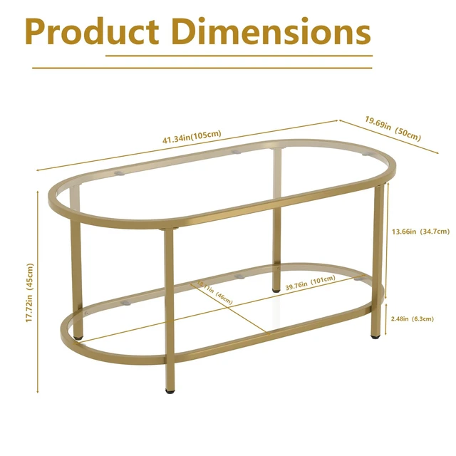 Alt view image 2 of 7 - Coffee Table Gold Oval Glass Table for Living Room,2 Tiers Oval Center Table with Sturdy Metal Frame, Modern Tempered Glass Tables for Bedroom Living Room Home Office
