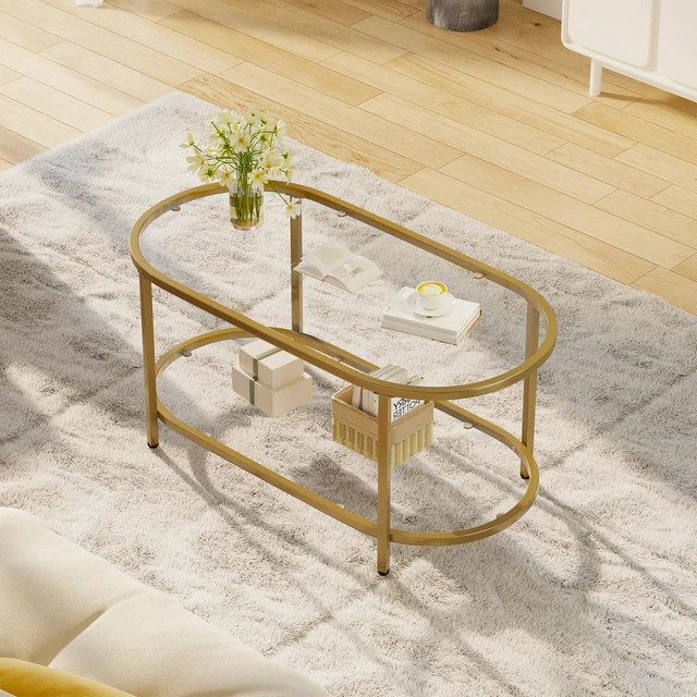 Alt view image 3 of 7 - Coffee Table Gold Oval Glass Table for Living Room,2 Tiers Oval Center Table with Sturdy Metal Frame, Modern Tempered Glass Tables for Bedroom Living Room Home Office