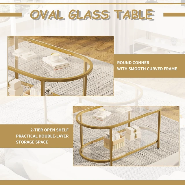 Alt view image 4 of 7 - Coffee Table Gold Oval Glass Table for Living Room,2 Tiers Oval Center Table with Sturdy Metal Frame, Modern Tempered Glass Tables for Bedroom Living Room Home Office