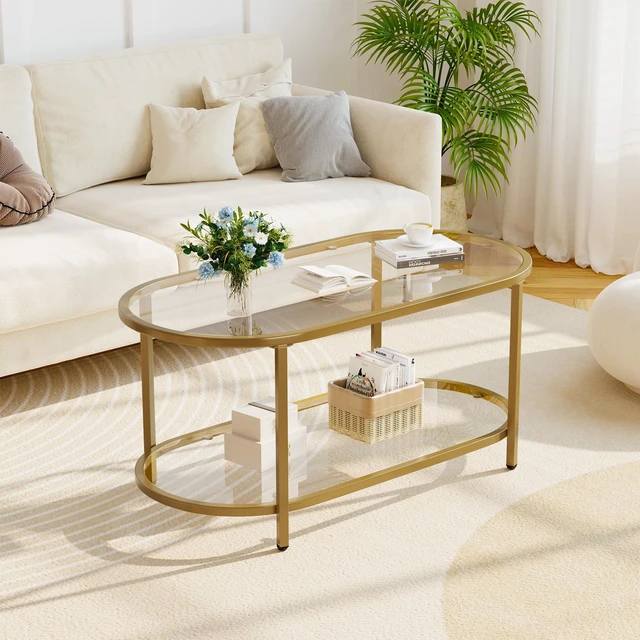 Alt view image 5 of 7 - Coffee Table Gold Oval Glass Table for Living Room,2 Tiers Oval Center Table with Sturdy Metal Frame, Modern Tempered Glass Tables for Bedroom Living Room Home Office