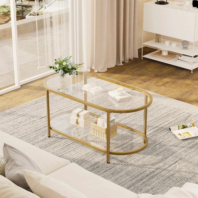Alt view image 7 of 7 - Coffee Table Gold Oval Glass Table for Living Room,2 Tiers Oval Center Table with Sturdy Metal Frame, Modern Tempered Glass Tables for Bedroom Living Room Home Office