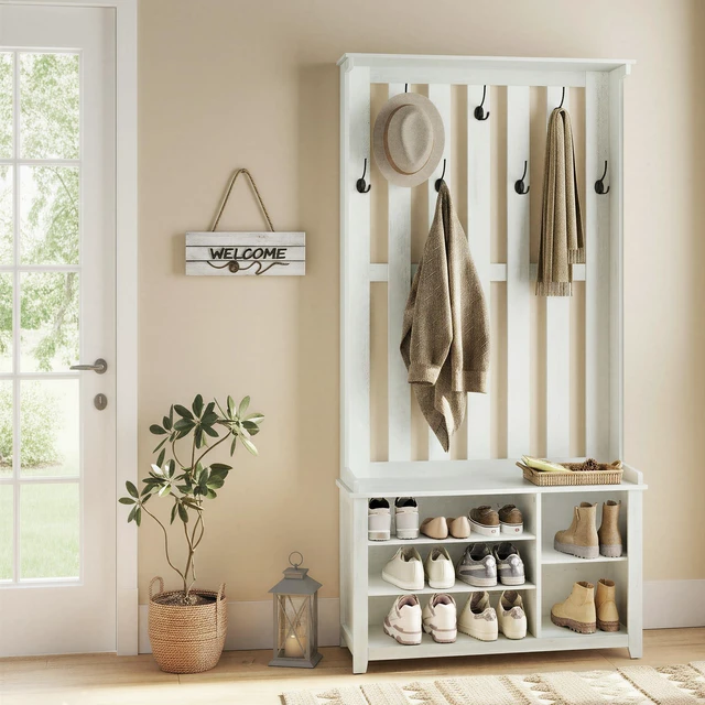 Main image of Hall Tree with Bench and Shoe Storage, 7 Double Hooks | Coat Rack with Shoe Bench, 13.8 x 31.9 x 70.9 Inches, Entryway, Bedroom, Rustic White, HELAN Collection UHSR414W01