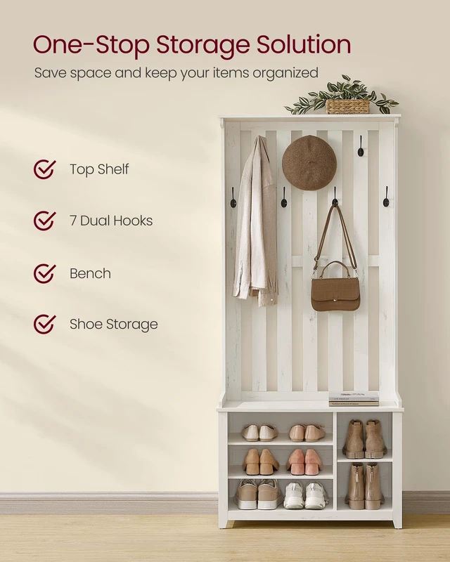 Alt view image 2 of 5 - Hall Tree with Bench and Shoe Storage, 7 Double Hooks | Coat Rack with Shoe Bench, 13.8 x 31.9 x 70.9 Inches, Entryway, Bedroom, Rustic White, HELAN Collection UHSR414W01