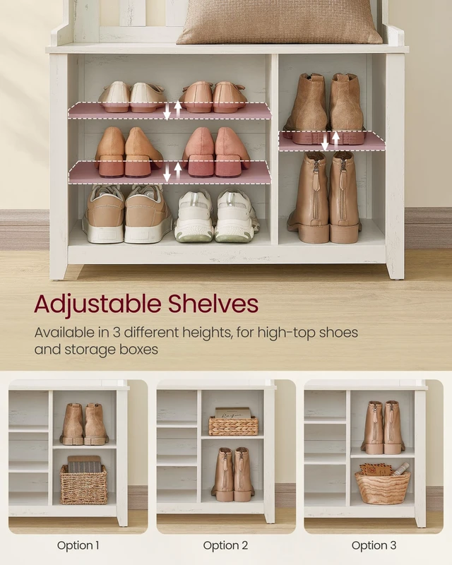 Alt view image 3 of 5 - Hall Tree with Bench and Shoe Storage, 7 Double Hooks | Coat Rack with Shoe Bench, 13.8 x 31.9 x 70.9 Inches, Entryway, Bedroom, Rustic White, HELAN Collection UHSR414W01