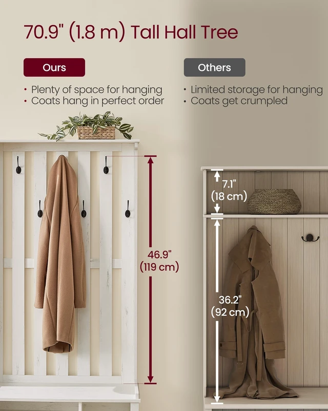 Alt view image 4 of 5 - Hall Tree with Bench and Shoe Storage, 7 Double Hooks | Coat Rack with Shoe Bench, 13.8 x 31.9 x 70.9 Inches, Entryway, Bedroom, Rustic White, HELAN Collection UHSR414W01