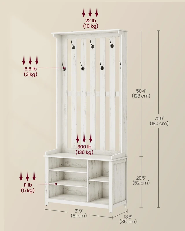 Alt view image 5 of 5 - Hall Tree with Bench and Shoe Storage, 7 Double Hooks | Coat Rack with Shoe Bench, 13.8 x 31.9 x 70.9 Inches, Entryway, Bedroom, Rustic White, HELAN Collection UHSR414W01