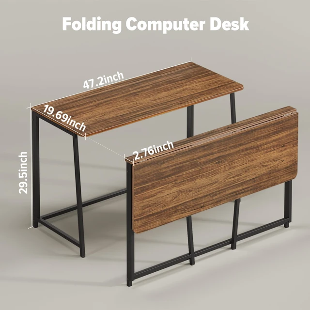 Alt view image 2 of 7 - Folding Desk, 47.2" Foldable Computer Table for Small Spaces, Walnut | Easy Assembly and Fold, Sturdy Home office desks for Study Bedroom Dorm Space Saving Writing Work Apartment