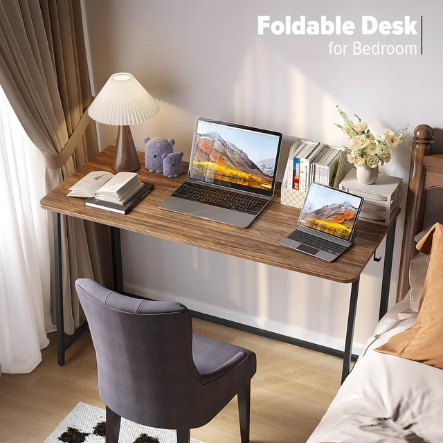 Alt view image 5 of 7 - Folding Desk, 47.2" Foldable Computer Table for Small Spaces, Walnut | Easy Assembly and Fold, Sturdy Home office desks for Study Bedroom Dorm Space Saving Writing Work Apartment