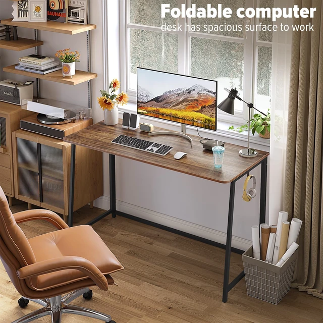 Alt view image 3 of 7 - Folding Desk, 47.2" Foldable Computer Table for Small Spaces, Walnut | Easy Assembly and Fold, Sturdy Home office desks for Study Bedroom Dorm Space Saving Writing Work Apartment