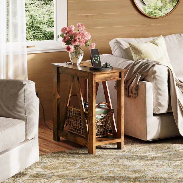 Alt view image 2 of 7 - Farmhouse End Tables Living Room, Narrow Side Table with Charging Station, Slim End Table, Side Table for Bedroom, Small Spaces, 2 USB and 2 Power Outlets, 11.8" D x 23.6" W x 23.74" H