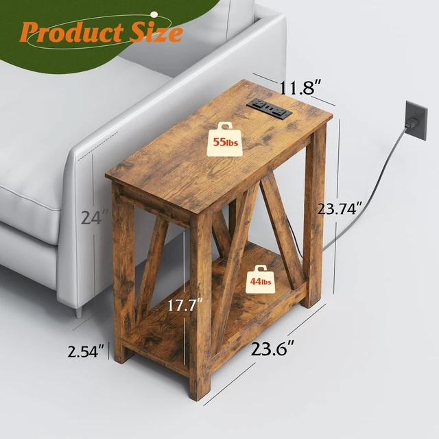 Alt view image 3 of 7 - Farmhouse End Tables Living Room, Narrow Side Table with Charging Station, Slim End Table, Side Table for Bedroom, Small Spaces, 2 USB and 2 Power Outlets, 11.8" D x 23.6" W x 23.74" H