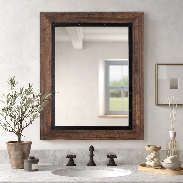 Alt view image 2 of 6 - Rustic Wooden Framed Wall Mirror, Natural Wood and Iron Bathroom Vanity Mirror for Farmhouse Decor, Vertical or Horizontal Hanging