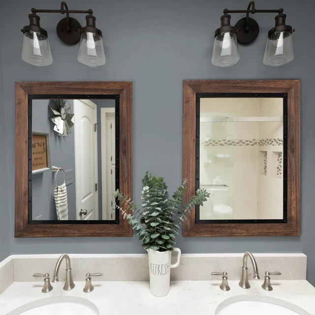 Alt view image 4 of 6 - Rustic Wooden Framed Wall Mirror, Natural Wood and Iron Bathroom Vanity Mirror for Farmhouse Decor, Vertical or Horizontal Hanging