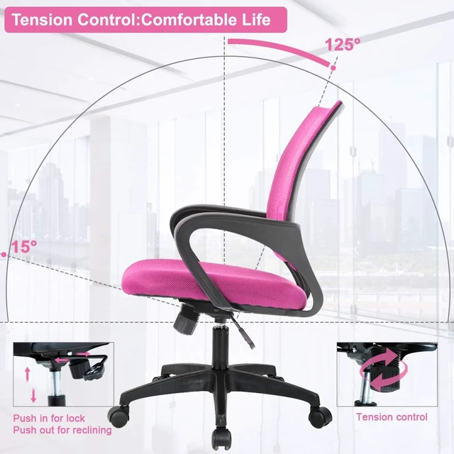 Alt view image 6 of 7 - Ergonomic Office Chair | Mid-Back Swivel Desk Chair | Breathable Backrest & Lumbar Support | Adjustable Height | Sponge Seat | Rolling Wheels | Pink | for Adults & Women | Pack of 2