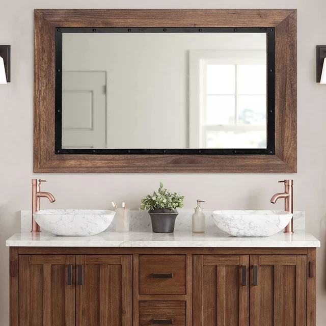 Main image of Rustic Wooden Framed Wall Mirror, Natural Wood and Iron Bathroom Vanity Mirror for Farmhouse Decor, Vertical or Horizontal Hanging