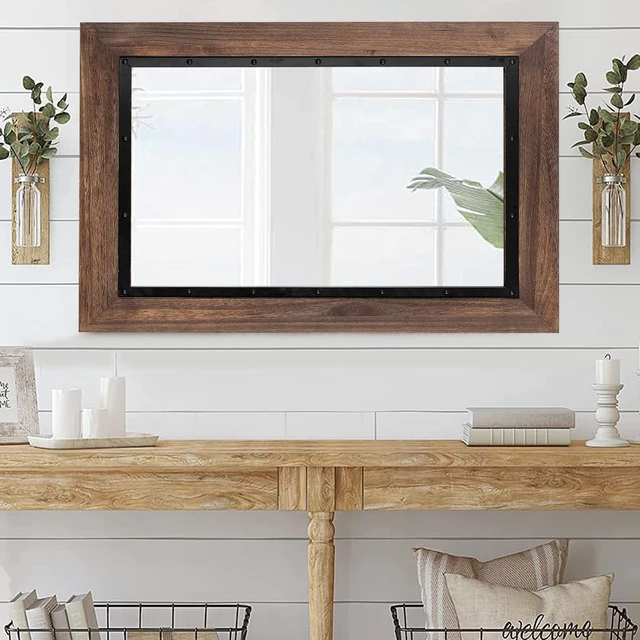 Alt view image 6 of 6 - Rustic Wooden Framed Wall Mirror, Natural Wood and Iron Bathroom Vanity Mirror for Farmhouse Decor, Vertical or Horizontal Hanging
