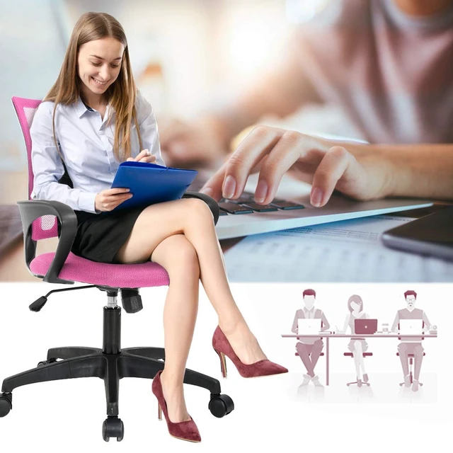 Alt view image 3 of 7 - Ergonomic Office Chair | Mid-Back Swivel Desk Chair | Breathable Backrest & Lumbar Support | Adjustable Height | Sponge Seat | Rolling Wheels | Pink | for Adults & Women | Pack of 2