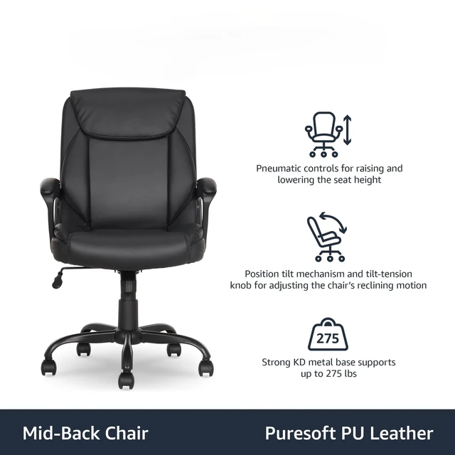 Alt view image 2 of 4 - Classic Puresoft PU Padded Mid-Back Office Desk Chair with Armrest, Easy Assembly, Sturdy Metal Base, Wheels, 275lb Support, 26"D x 23.75"W x 42"H, Black
