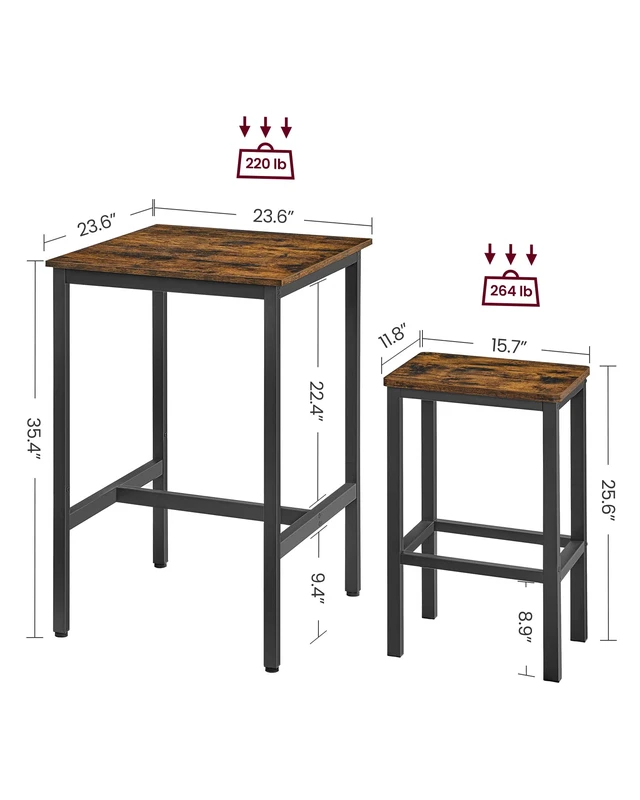 Alt view image 2 of 7 - Bar Table and Chairs Set, Square Table with 2 Stools, Dining Pub Set for 2, Space Saving for Kitchen Breakfast, Living Room, Party Room, Rustic Brown and Ink Black