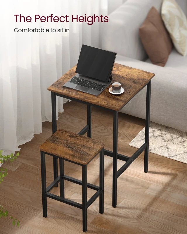 Alt view image 3 of 7 - Bar Table and Chairs Set, Square Table with 2 Stools, Dining Pub Set for 2, Space Saving for Kitchen Breakfast, Living Room, Party Room, Rustic Brown and Ink Black