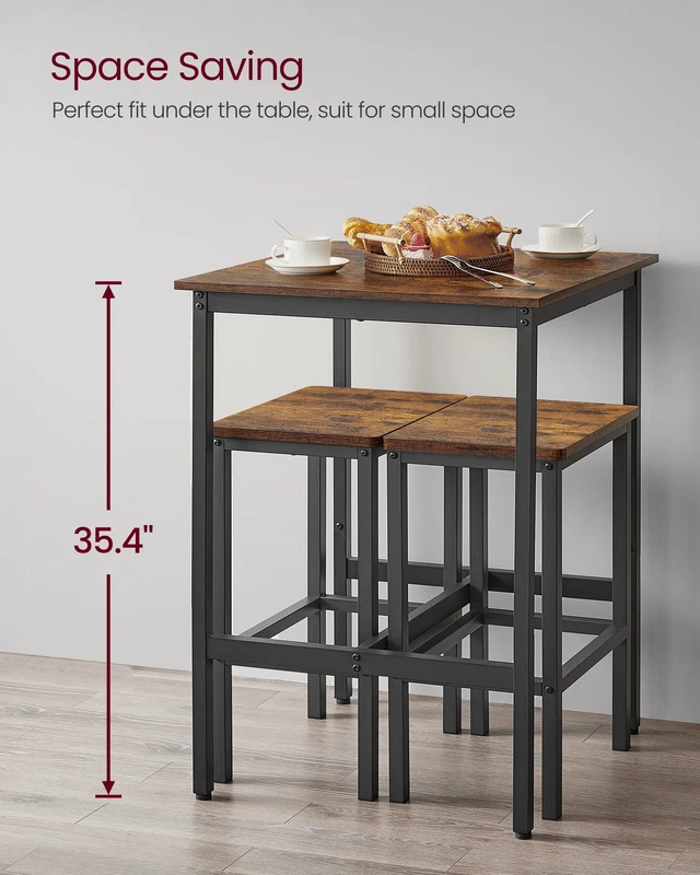 Alt view image 4 of 7 - Bar Table and Chairs Set, Square Table with 2 Stools, Dining Pub Set for 2, Space Saving for Kitchen Breakfast, Living Room, Party Room, Rustic Brown and Ink Black