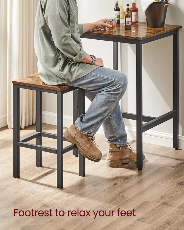 Alt view image 5 of 7 - Bar Table and Chairs Set, Square Table with 2 Stools, Dining Pub Set for 2, Space Saving for Kitchen Breakfast, Living Room, Party Room, Rustic Brown and Ink Black