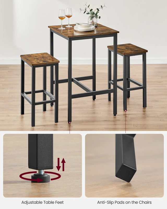 Alt view image 6 of 7 - Bar Table and Chairs Set, Square Table with 2 Stools, Dining Pub Set for 2, Space Saving for Kitchen Breakfast, Living Room, Party Room, Rustic Brown and Ink Black