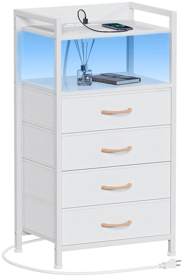 Main image of White Nightstand with Charging Station,Small Dresser for Bedroom | 4 Drawer Tall Bedside Table with LED light & Remote Control, Metal Frame and Fabric Bins,Wood Desk Top,Easy Assemble for Dorm