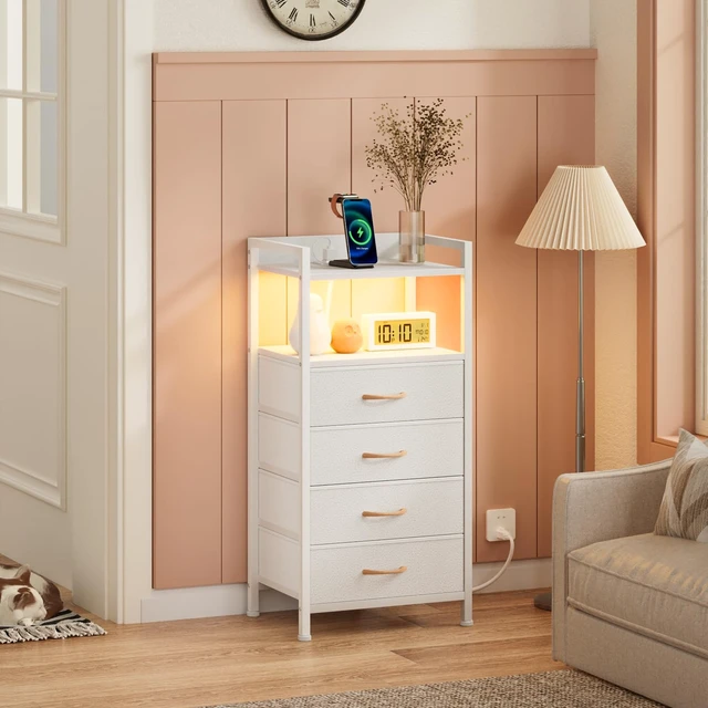 Alt view image 2 of 7 - White Nightstand with Charging Station,Small Dresser for Bedroom | 4 Drawer Tall Bedside Table with LED light & Remote Control, Metal Frame and Fabric Bins,Wood Desk Top,Easy Assemble for Dorm