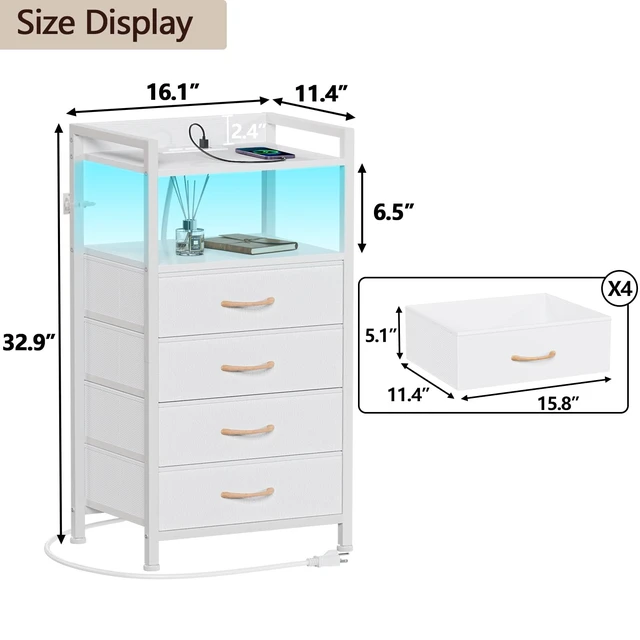 Alt view image 3 of 7 - White Nightstand with Charging Station,Small Dresser for Bedroom | 4 Drawer Tall Bedside Table with LED light & Remote Control, Metal Frame and Fabric Bins,Wood Desk Top,Easy Assemble for Dorm