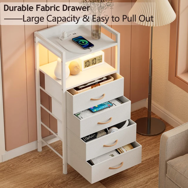 Alt view image 6 of 7 - White Nightstand with Charging Station,Small Dresser for Bedroom | 4 Drawer Tall Bedside Table with LED light & Remote Control, Metal Frame and Fabric Bins,Wood Desk Top,Easy Assemble for Dorm